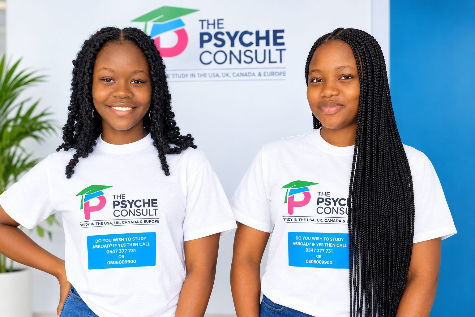 Two Psyche Consult study abroad ambassadors in branded T-shirts at our office in Ghana